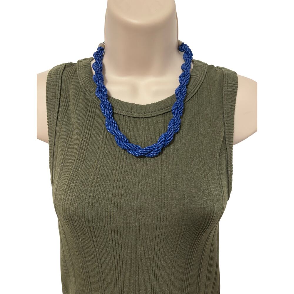 Women's Vintage Royal Blue Twisted Seed‎ Beads Choker Silver Tone Necklace BOHO